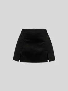 Sweetra Autumn/Winter Maillard Color Suede A-Line Slit Hem Casual Party Mini Skirt For Women - Black - View 2