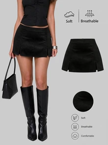 Sweetra Autumn/Winter Maillard Color Suede A-Line Slit Hem Casual Party Mini Skirt For Women - Black - View 1