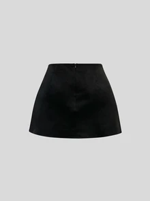 Sweetra Autumn/Winter Maillard Color Suede A-Line Slit Hem Casual Party Mini Skirt For Women - Black - View 3
