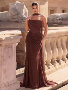Glamrae Elegant Minimalist Woven Cold Shoulder Structural Ruffle Hem Formal Prom Party Evening Gown Dress Lightweight Mesh New Year Brown Fall - Coffee Brown - View 1