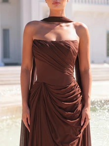 Glamrae Elegant Minimalist Woven Cold Shoulder Structural Ruffle Hem Formal Prom Party Evening Gown Dress Lightweight Mesh New Year Brown Fall - Coffee Brown - View 8