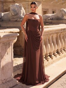 Glamrae Elegant Minimalist Woven Cold Shoulder Structural Ruffle Hem Formal Prom Party Evening Gown Dress Lightweight Mesh New Year Brown Fall - Coffee Brown - View 5