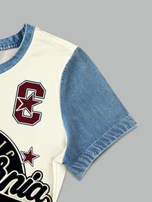 Resyla 2pcs Women Letter & Denim Effect Print Contrast Color Round Neck Short Sleeve T-Shirt And Casual Pants Set - Multicolor - View 4