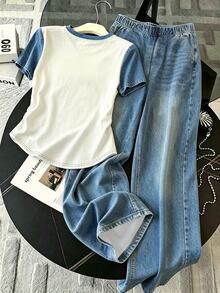 Resyla 2pcs Women Letter & Denim Effect Print Contrast Color Round Neck Short Sleeve T-Shirt And Casual Pants Set - Multicolor - View 2