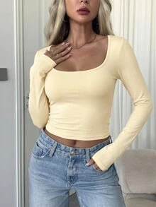 Zavorell Women's Sexy Square Neck Long Sleeve Crop Top, Cute Summer Top Fall Cloth For Women - Yellow - View 5
