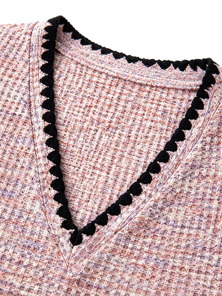SHEIN LUNE Women's Casual Boho Contrast Trim T-Shirt, Fall Brunch Dusty Pink - Multicolor - View 4