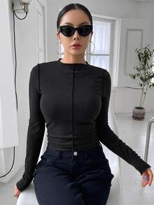 DAZY Women's Long Sleeve T-shirt With Exposed Seam Stitching - Black - View 6