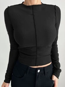 DAZY Women's Long Sleeve T-shirt With Exposed Seam Stitching - Black - View 3