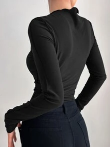 DAZY Women's Long Sleeve T-shirt With Exposed Seam Stitching - Black - View 5