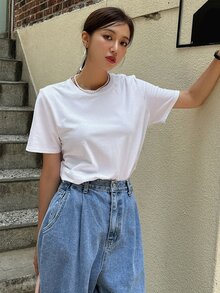 DAZY Chất rắn Vòng cổ Áo thun - trắng - Xem 3