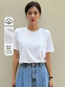 DAZY Chất rắn Vòng cổ Áo thun - trắng - Xem 9