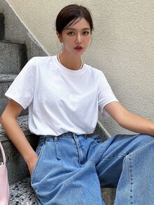 DAZY Chất rắn Vòng cổ Áo thun - trắng - Xem 5