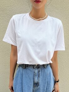 DAZY Chất rắn Vòng cổ Áo thun - trắng - Xem 1