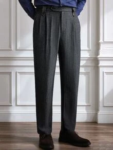 Core Aspect Vintage Double Pleated Herringbone Pattern Men's Dark Gray Slim Fit Dress Pants For Business And Formal Occasions - Dark Grey - View 5