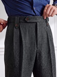 Core Aspect Vintage Double Pleated Herringbone Pattern Men's Dark Gray Slim Fit Dress Pants For Business And Formal Occasions - Dark Grey - View 3