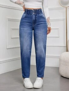 SHEIN Tall 女款鈕扣腰設計口袋錐腳休閒牛仔褲 - 藍色 - 查看 7