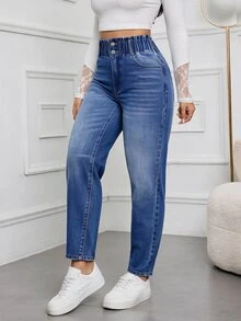 SHEIN Tall 女款鈕扣腰設計口袋錐腳休閒牛仔褲 - 藍色 - 查看 4