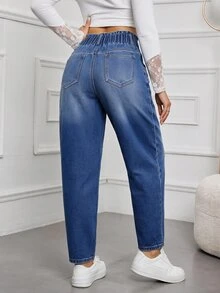 SHEIN Tall 女款鈕扣腰設計口袋錐腳休閒牛仔褲 - 藍色 - 查看 2