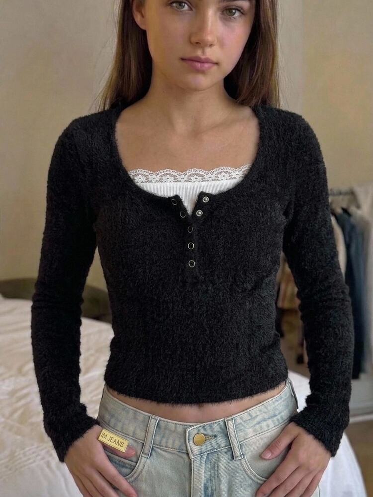 Tween Girl Autumn/Winter Faux Fur Knit Simple Elegant Thermal Lined Thick Long Sleeve Top - Black - View 2