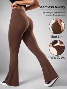 SHEIN Sovereign Charm Women's Minimalist Athletic Essential Versatile Sports Flare Leggings For Fitness Pilates Yoga Dark Blue Winter - Brown - View 1