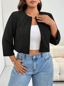 SHEIN Essnce 大尺碼女款春夏/秋冬時尚休閒寬鬆彈性舒適日常基礎百搭修身黑色3/4袖短夾克，極簡風，辦公穿著，戶外穿著，秋季上衣外套 - 黑色 - 查看 5