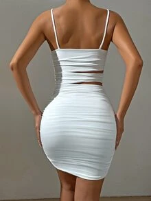 SHEIN Unity ชุดเดรส รัดรูป สายเดี่ยว คัตเอาท์ จับจีบ - สีขาว - ดู 3
