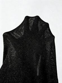 SHEIN 深棕色亮片V領交叉針織上衣，長袖薄款重疊設計優雅通勤女款套頭衫 - 黑色 - 查看 5