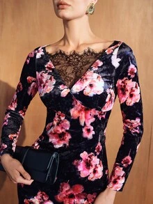 MOTF PREMIUM WOMEN'S LACE PATCHWORK FLORAL PRINT CASUAL PARTY DRESS - Multicolor - View 2