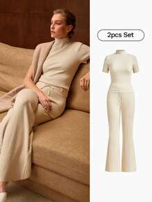 MOTF PREMIUM SOLID COLOR SHORT SLEEVE RIBBED KNIT TOP AND PANTS - Apricot - View 8