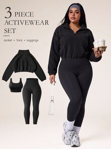 Easithlete Easithlete Women's Plus Size 3 Pieces Sports Set, Thermal Lined Tight Tank Top Leggings, Autumn/Winter Running, Fitness, Workout, Outdoor Casual Sports Gym Black - Black - View 4