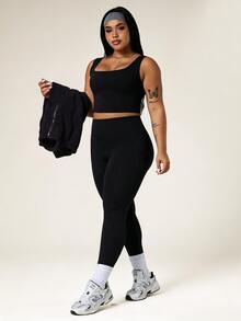 Easithlete Easithlete Women's Plus Size 3 Pieces Sports Set, Thermal Lined Tight Tank Top Leggings, Autumn/Winter Running, Fitness, Workout, Outdoor Casual Sports Gym Black - Black - View 7