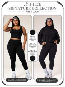 Easithlete Easithlete Women's Plus Size 3 Pieces Sports Set, Thermal Lined Tight Tank Top Leggings, Autumn/Winter Running, Fitness, Workout, Outdoor Casual Sports Gym Black - Black - View 5
