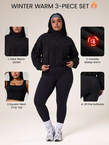 Easithlete Easithlete Women's Plus Size 3 Pieces Sports Set, Thermal Lined Tight Tank Top Leggings, Autumn/Winter Running, Fitness, Workout, Outdoor Casual Sports Gym Black - Black - View 6