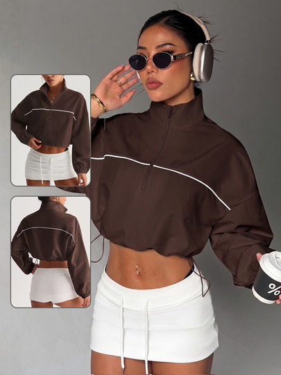 StreetHx Women's Loose White Half-Zip Long Sleeve Sports Sweatshirt With Contrast Color Ribbed Trim And Drawstring Hem, Woven Fabric, Suitable For Casual Wear, Running, Yoga, Gym, Tennis, Golf, Autumn/Winter