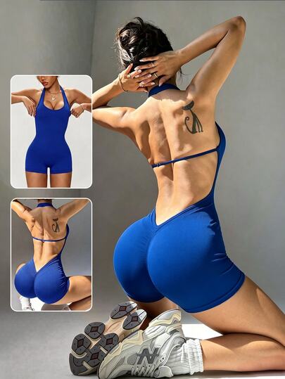 Slayform Seamless Knit Halter Neck Backless V-Waist Adjustable Strap Women's Sports Sexy Romper Gym Workout Royal Blue Summer