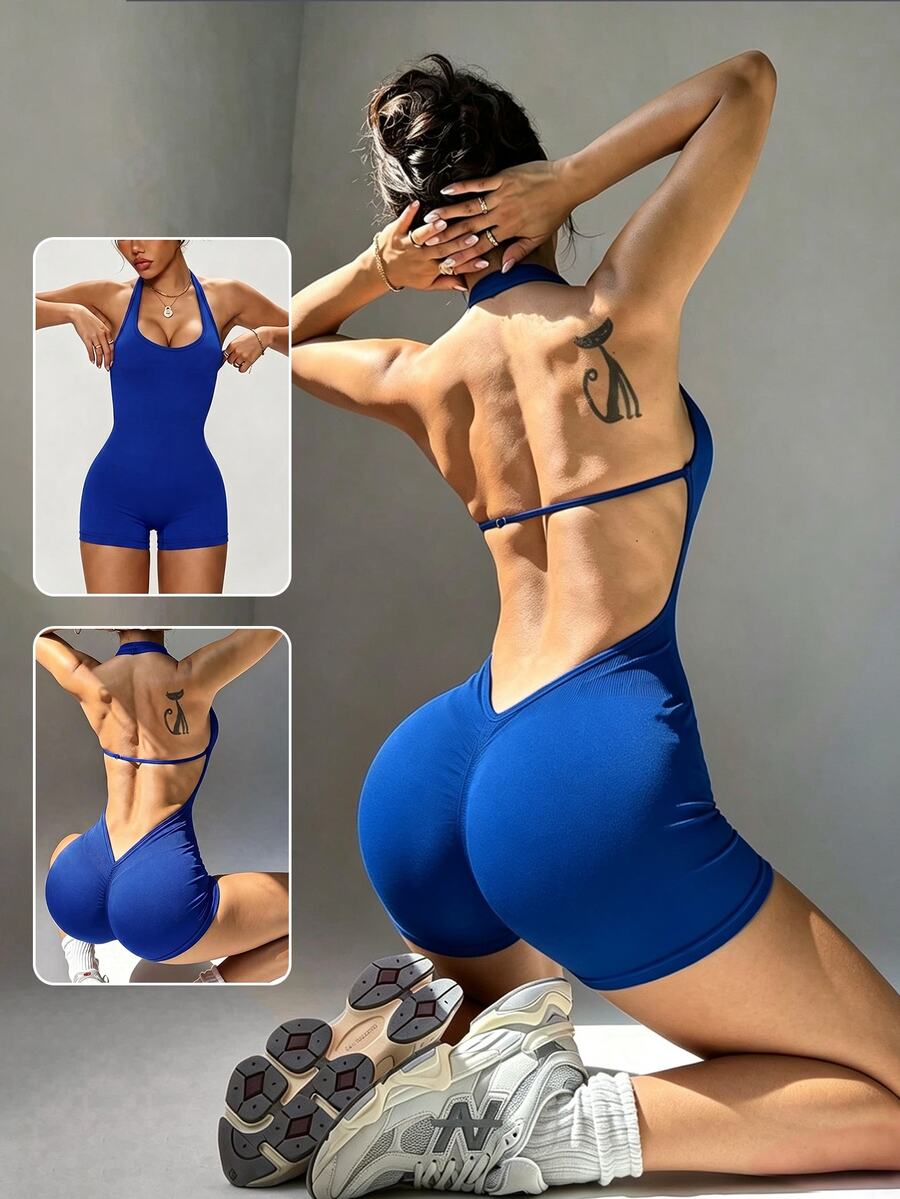 Slayform Seamless Knit Halter Neck Backless V-Waist Adjustable Strap Women's Sports Sexy Romper Gym Workout Royal Blue Summer - Royal Blue - View 1
