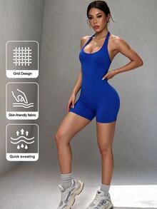 Slayform Seamless Knit Halter Neck Backless V-Waist Adjustable Strap Women's Sports Sexy Romper Gym Workout Royal Blue Summer - Royal Blue - View 3