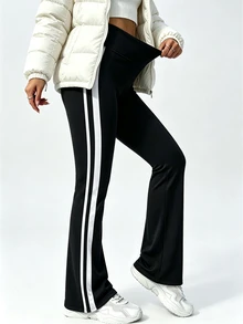 SHEIN Sports Autumn/Winter Thermal Lined Thickened Colorblock White And Black Patchwork Sports Essential Low Waist Long Pants Gym Running - Black - View 7