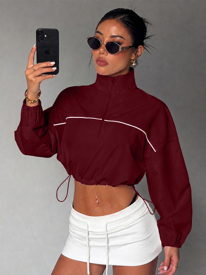 StreetHx Women's Loose White Half-Zip Long Sleeve Sport Sweatshirt With Contrast Color Striped Panels And Drawstring Hem, Woven Fabric, Suitable For Casual Wear, Running, Yoga, Gym, Tennis, Golf, Autumn/Winter