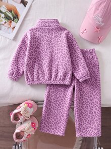 SHEIN 溫柔奶咖波點兒童套裝 | 半拉鍊立領抓絨衛衣 + 寬腿褲，女孩時尚百搭 2 件套，適合秋冬休閒穿著 - 彩色 - 查看 2
