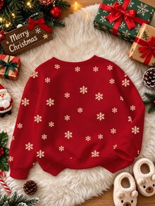 Girls Cute Christmas Reindeer Pattern Sweatshirt, Leopard Print Plaid Bow Print Red Pullover Thermal Lined Long Sleeve Top, Winter Wear - Multicolor - View 2