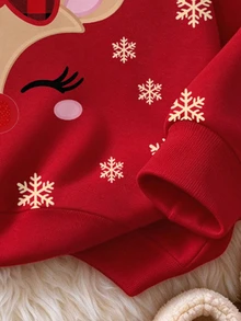 Girls Cute Christmas Reindeer Pattern Sweatshirt, Leopard Print Plaid Bow Print Red Pullover Thermal Lined Long Sleeve Top, Winter Wear - Multicolor - View 5
