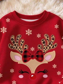 Girls Cute Christmas Reindeer Pattern Sweatshirt, Leopard Print Plaid Bow Print Red Pullover Thermal Lined Long Sleeve Top, Winter Wear - Multicolor - View 4