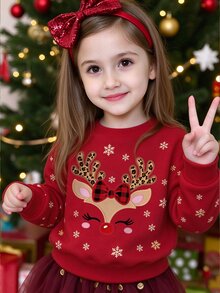 Girls Cute Christmas Reindeer Pattern Sweatshirt, Leopard Print Plaid Bow Print Red Pullover Thermal Lined Long Sleeve Top, Winter Wear - Multicolor - View 1