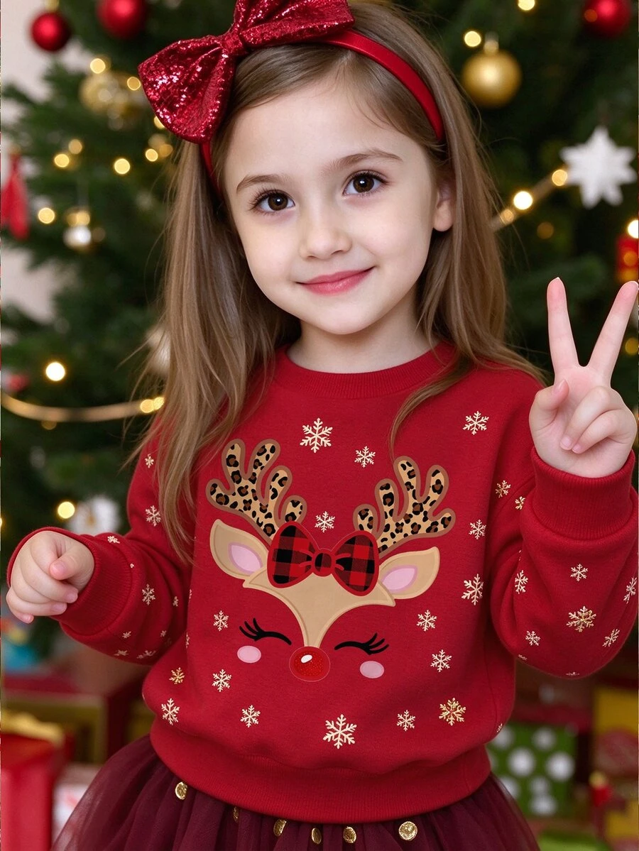 Girls Cute Christmas Reindeer Pattern Sweatshirt, Leopard Print Plaid Bow Print Red Pullover Thermal Lined Long Sleeve Top, Winter Wear - Multicolor - View 1