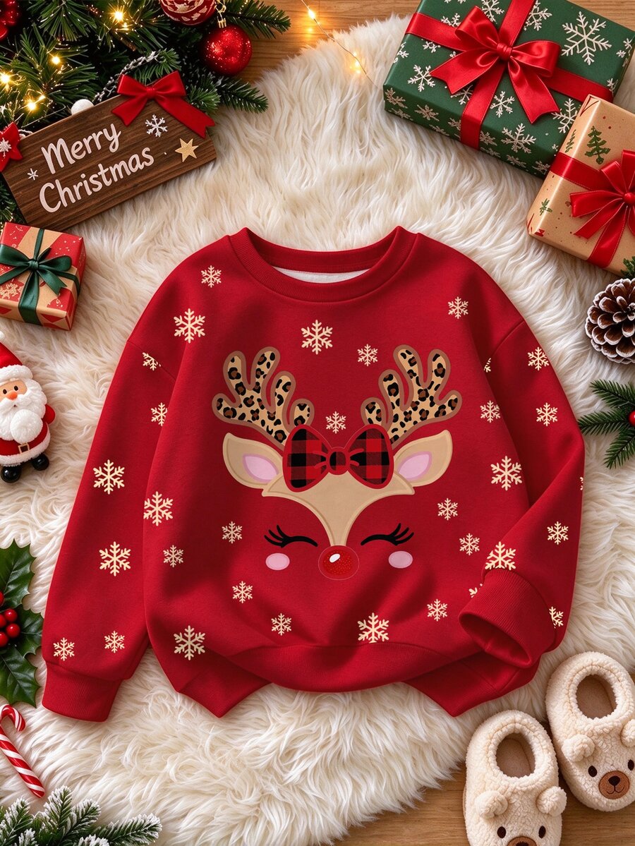 Girls Cute Christmas Reindeer Pattern Sweatshirt, Leopard Print Plaid Bow Print Red Pullover Thermal Lined Long Sleeve Top, Winter Wear - Multicolor - View 1