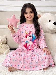 SHEIN Kids Tween Girl Autumn/Winter Sweet Glow-In--Dark Cartoon Bow Heart Print Patchwork Ruffle Long Sleeve Round Neck Pullover Long Dress Loungewear Pink - Pink - View 4