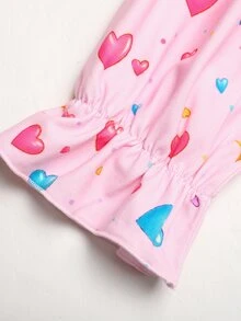 SHEIN Kids Tween Girl Autumn/Winter Sweet Glow-In--Dark Cartoon Bow Heart Print Patchwork Ruffle Long Sleeve Round Neck Pullover Long Dress Loungewear Pink - Pink - View 5