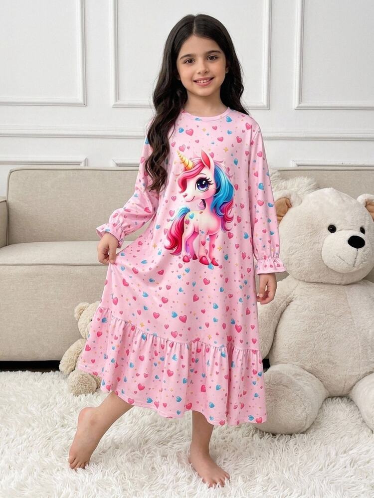 SHEIN Kids Tween Girl Autumn/Winter Sweet Glow-In--Dark Cartoon Bow Heart Print Patchwork Ruffle Long Sleeve Round Neck Pullover Long Dress Loungewear Pink - Pink - View 3