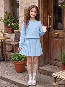 Tween Girls Sweater Co-Ords Coffee Color Special Embroidery Round Neck Pullover With Pleated Skirt - Blue - View 9